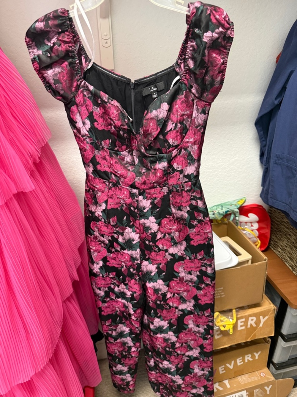 Lulu's Black & Pink Floral Puff Sleeve Jumpsuit